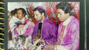 Concelebration of Holy Eucharist at Thekkan Kurisumala Pilgrim Centre Vellarada on 1990. From left Msgr Christudas, Archbishop Soosapakiam,  Msgr Vincent K.  Peter